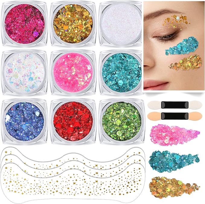 Teenitor 9 Color Face Glitter and 3 Gold Face Freckles Set - No Glue Needed Body Glitter Gel, Hair Glitter Festival Makeup...
