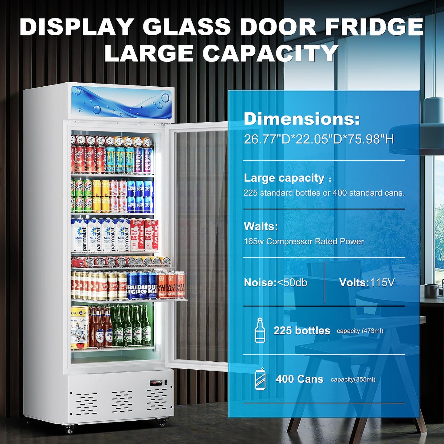 ECEVT 26.8'' W Commercial Beverage Fridge, 15 Cu.ft. Merchandiser Refrigerator Glass Door Upright Display Cooler with LED Light and Adjustable Shelves for Restaurant Grocery Stores Home, White