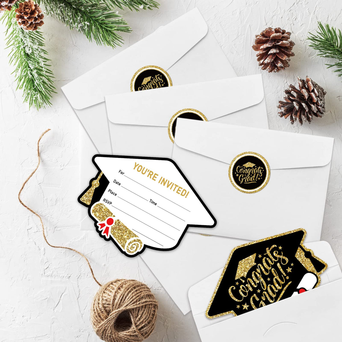 REWIDPARTY Graduation Hat and Diploma Shaped Fill-in Invitations with Envelopes & Stickers（Set of 15） Black Gold Graduation Invites Cards Grad Celebration Party Supplies for High School or College