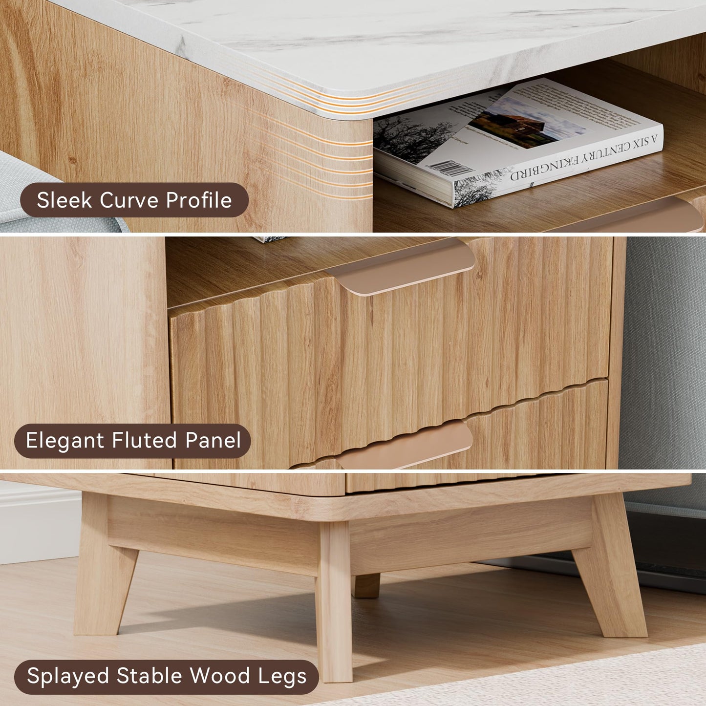 HOCAT Fluted Nightstand Set of 2, 18" Modern Bed Night Stand with Faux Marble Top, 2 Drawers, Open Storage Shelf, Living Room End Table, Curved Edge Bedside Table for Bedroom, Natural Oak