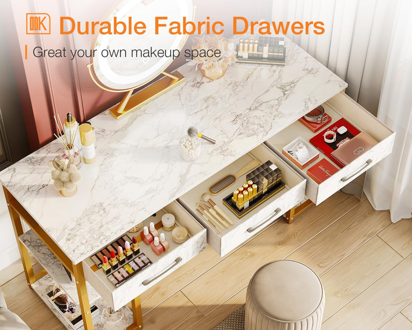 ODK Vanity Desk with 3 Fabric Drawers & Storage Shelves, Makeup Dressing Table, Home Office Desks for Bedroom, Small Modern Writing Desk for Girls Bedroom, White and Gold, 48"x16" (No Mirror)