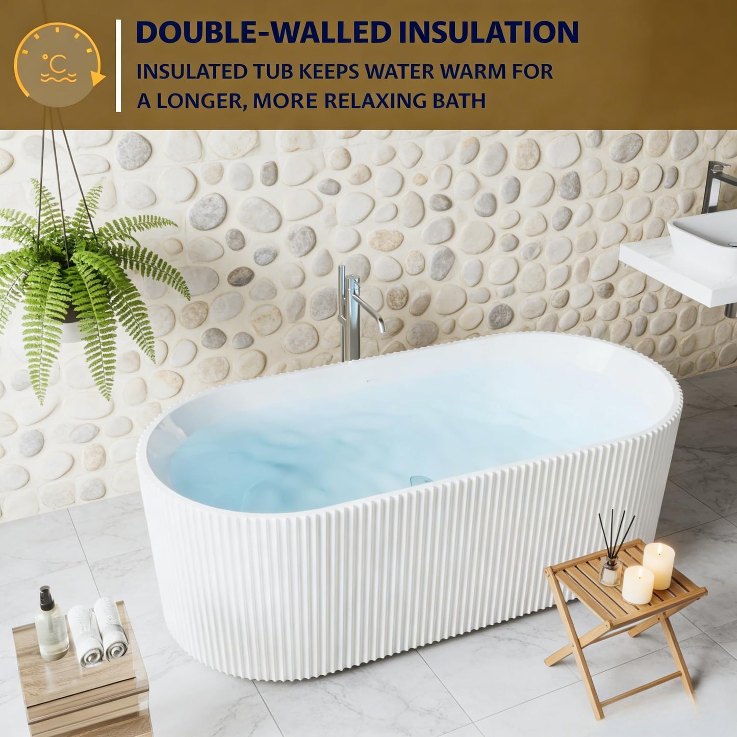 59" Acrylic Freestanding Bathtub, Modern Acrylic Soaking Bathtub, Freestanding Rectangular Tub with Matte Drain and Overflow, Ergonomic Deep Design, Double-Walled Insulation, CUPC Certified