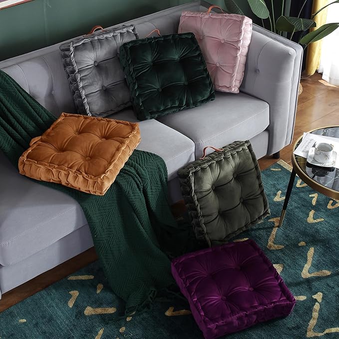 vctops Fall Square Solid Color Velvet Seat Cushion with Handle Tufted Thicken Chair Pad Tatami Floor Pillow Cushion 16.5"x16.5"x4" Dark Orange
