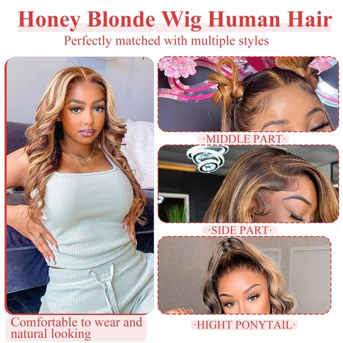 Honey Blonde Wig Human Hair Body Wave P4/27 Highlight Ombre Lace Front Wig Human hair 13X4 Lace Front Wigs Human Hair 180% Density HD Transparent Pre Plucked Body Wave Lace Front Wigs 20 Inch