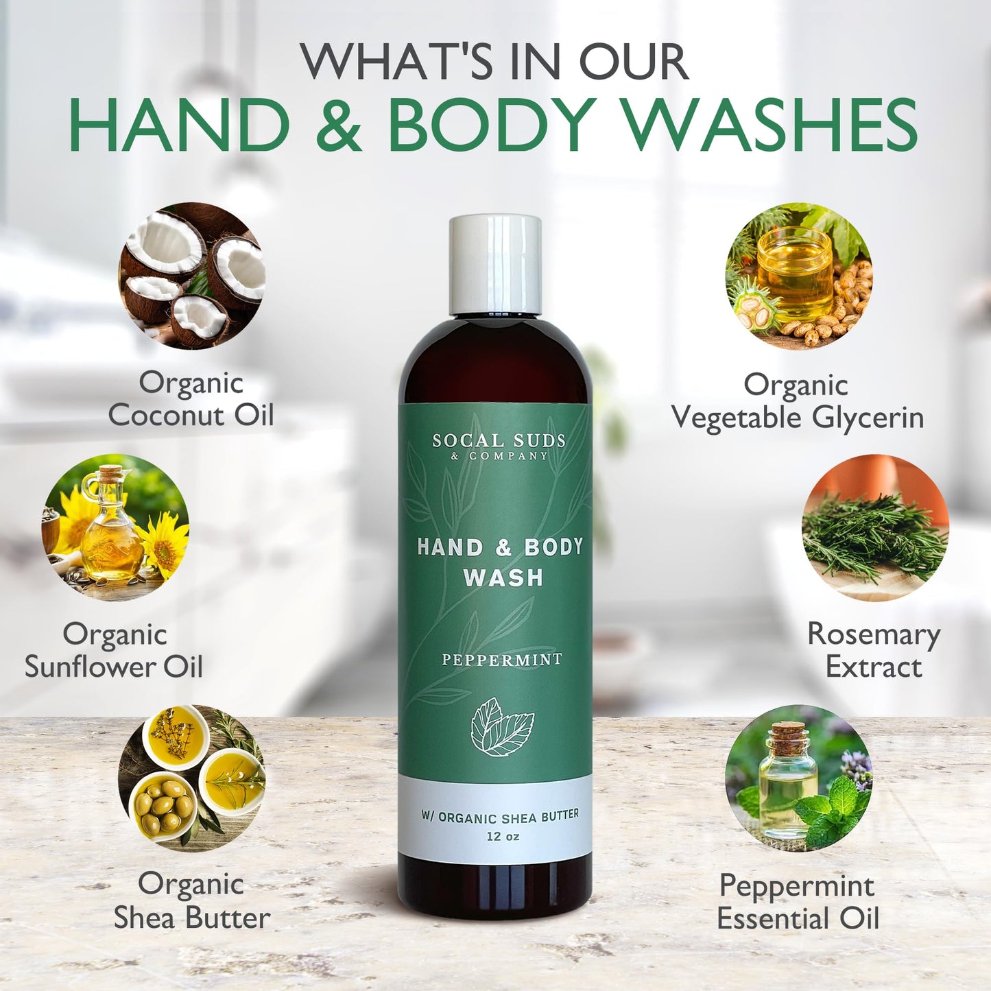 SoCal Suds & Company Organic Shea Butter Body Wash - Peppermint Liquid Soap for Hand & Body, Moisturizing Shower Gel, Daily Body