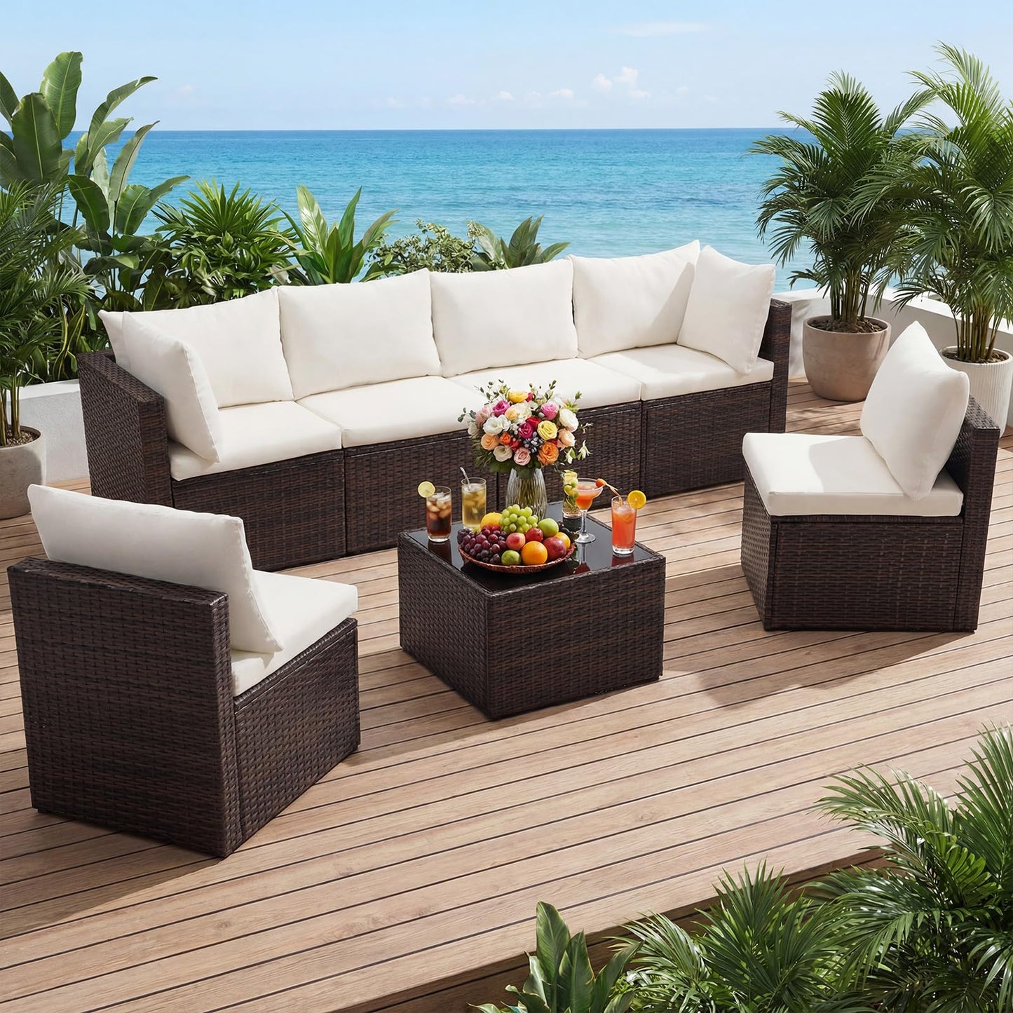 NEWBULIG 7-Piece Outdoor Patio Sectional Sofa, Weather-Resistant Modular Wicker Rattan Furniture Set with 2.8" Cushions, Tempered Glass Table & Adjustable Feet for Deck, Backyard, Poolside (Brown)