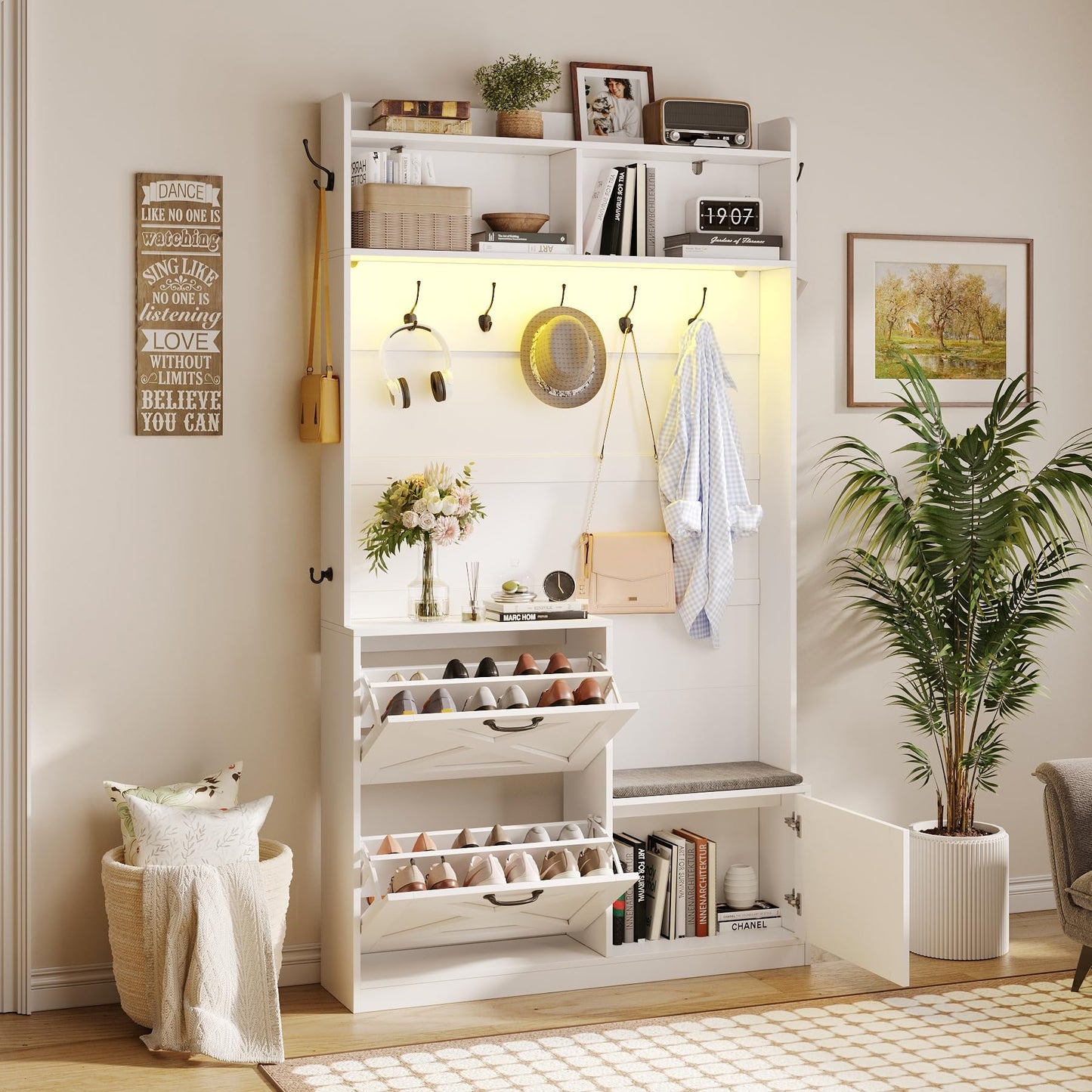 Maupvit Hall Tree with Shoes Storage Bench, Entryway Storage Slim 78" Coat Rack, 9 Hooks & 2 Flip-Drawers Shoe Cabinet, Adjustable LED Sensor Light, Space-Saving for Small Apartments, Mudroom