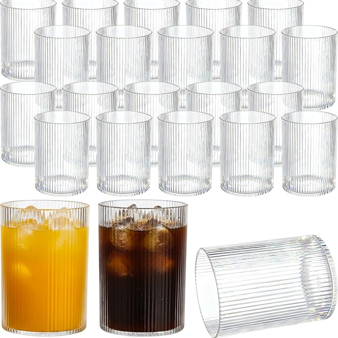 Fiwochic 24 Pack 7oz Reusable Ribbed Plastic Wine Glasses Bulk Clear Vintage Ripple Cups for Cocktail Iced Coffee Highball...