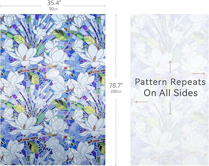 DKTIE Magnolia Pattern Stained Glass Window Film Floral Decorative Window Privacy Film with Rainbow Effect Front Door Bathroom Room Decor (S677, 35.4in X 78.7in)