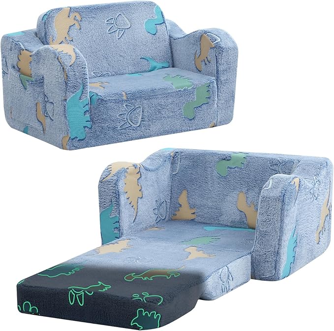 MeMoreCool Toddler Fold‑Out Couch for Ages 1‑3 yrs – Glowing Dinosaur Plush Kids Floor Sofa, Convertible 2‑in‑1 Lounger & Bed with Soft Washable Cover