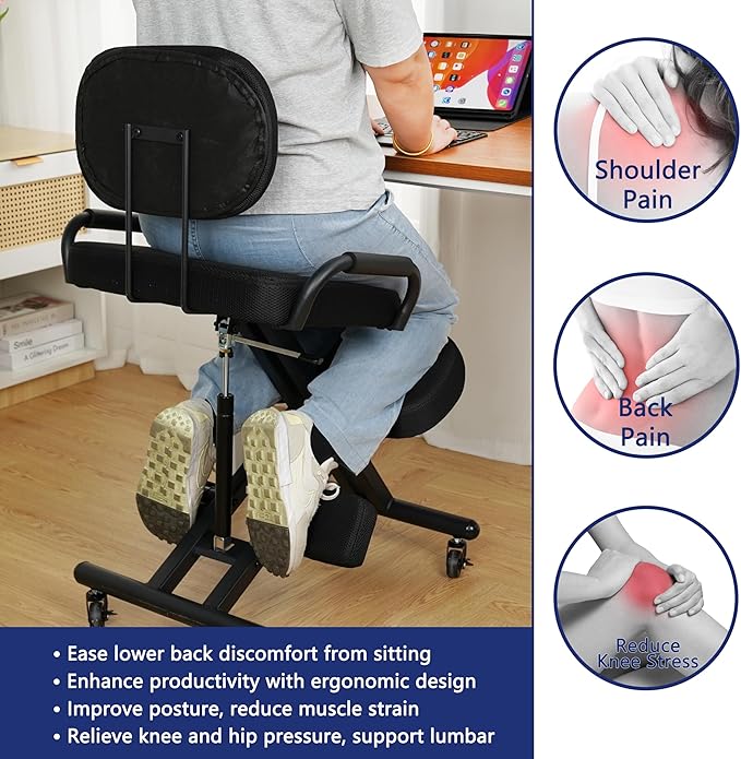 Ergonomic Kneeling Chair with Back Support and Foot Pedals — Adjustable Posture Stool for Back Pain Relief, Rolling Kneeling Chair for Home & Office, Extra Comfort Cushion, Angled Design