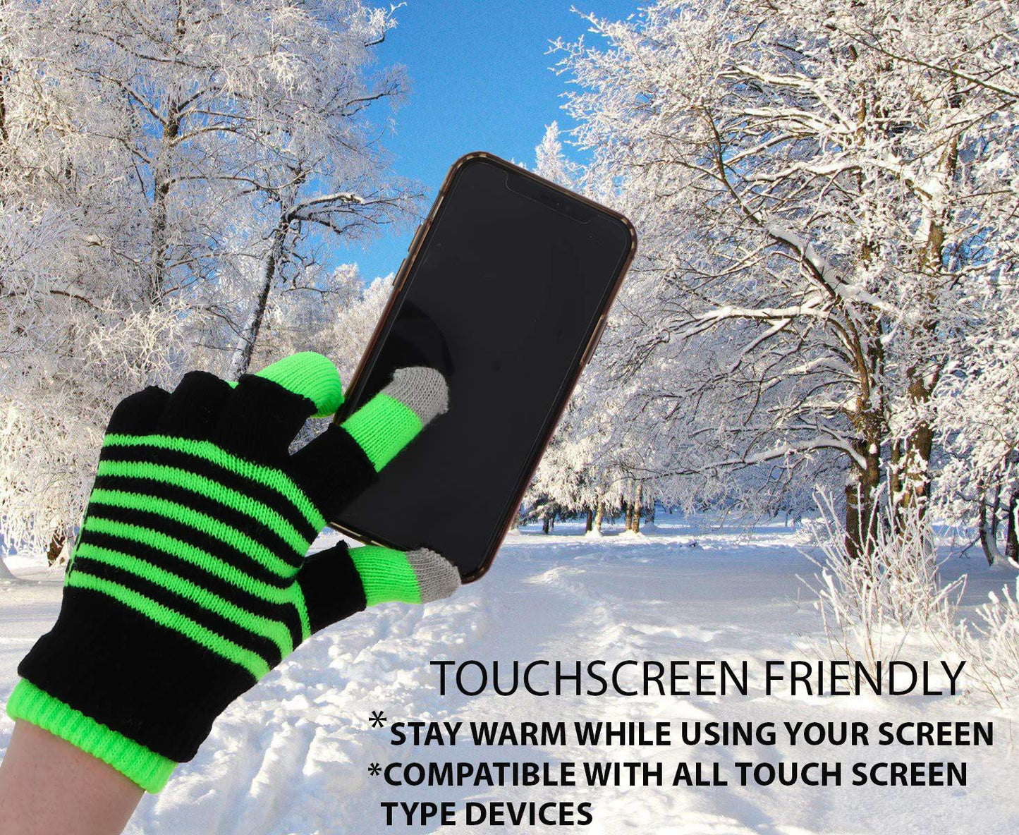 Motique Accessories Knit Fingerless and Regular Touchscreen Ladies Gloves Neon Stripes - 2 in 1 - Green