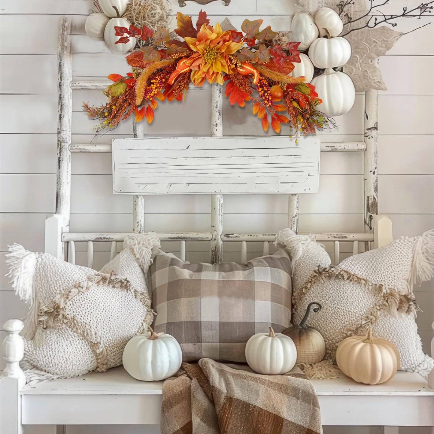 ACRYCS Fall Swag Wreaths for Front Door Artificial Dahlia Flowers Orange Floral Swag Autumn Pumpkins Berries Maple Leaf Fall Swags and Garlands for Wedding Arch Mantle Windows Wall Decor Thanksgiving