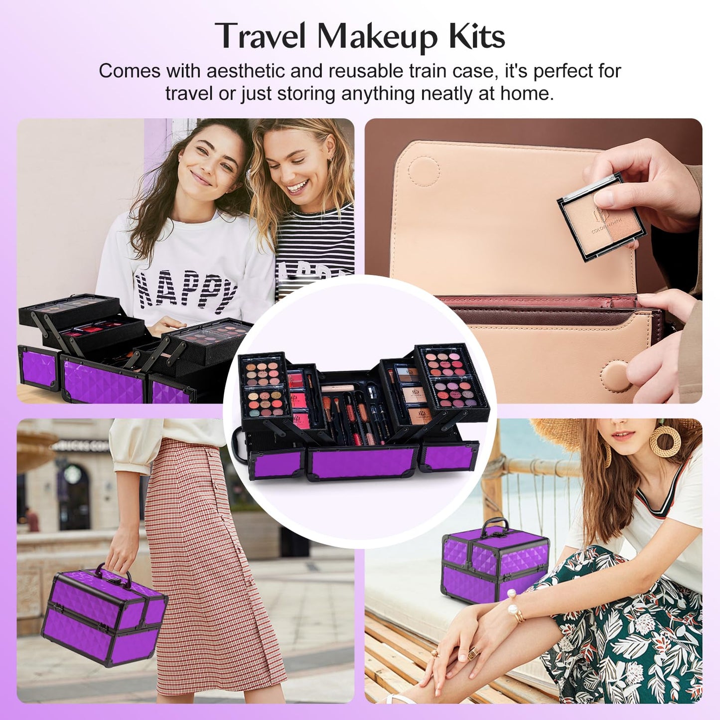 Color Nymph All in one Makeup Kit For Girls Teens, Makeup Set 4 Trays Spacious Space Train Case for Beginner with Eyeshadow Highlighter Lipgloss Blush Contour Concealer Brush Eyeliner Lipbalm