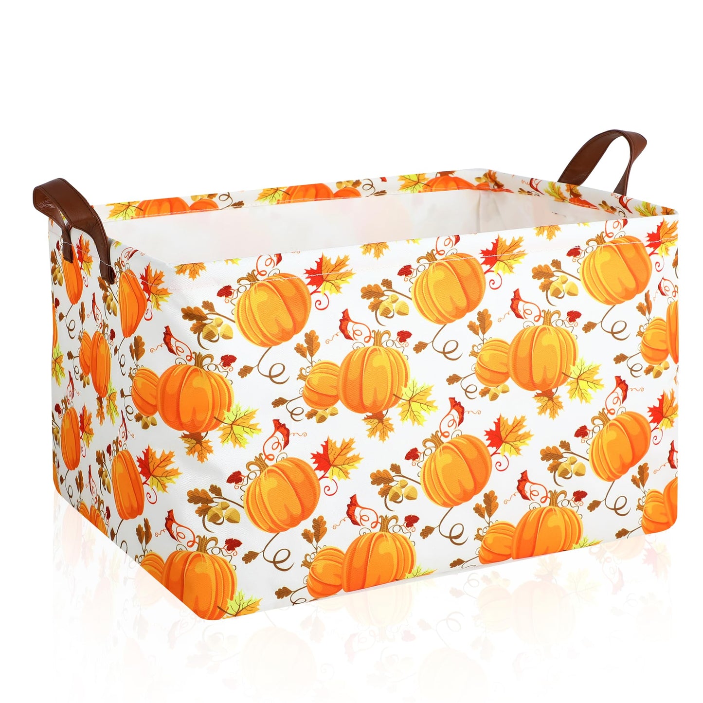 Funnewban Pumpkin Fall Storage Bin Basket Collapsible with Leather Handles Waterproof Canvas Storage Cube Box for Closet Toys Clothes Thanksgiving Room Decor Gift Basket