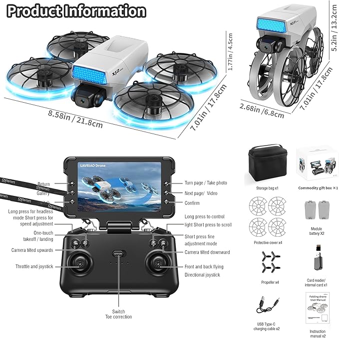Foldable RC Drone with 1K HD Camera, Upgraded Foldable Remote with Detachable Lanyard, 2 Batteries & Carry Case - Safe Propeller Guard, 3D Flips, One-Key Takeoff/Landing, Ideal Gift for Beginners and Adults
