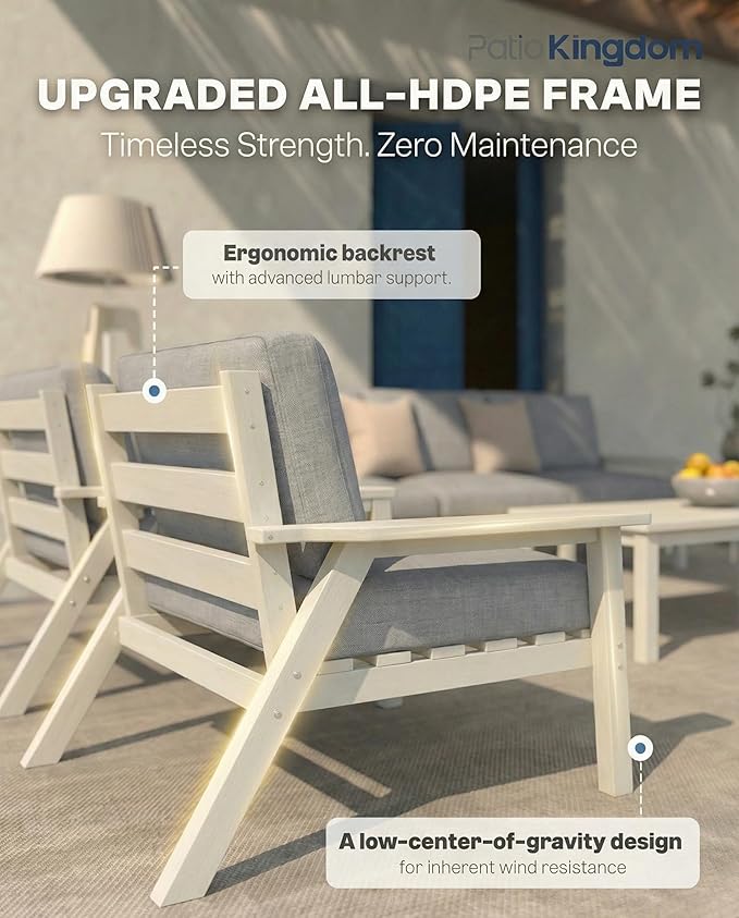 Patio Kingdom 7 Piece Patio Furniture Set, HDPE Outdoor Sectional with Gray Washable Thick Cushions, Coffee Table & Side Table, Patio Conversation Sets for Lawn, Garden, Porch, Balcony (White Frame)
