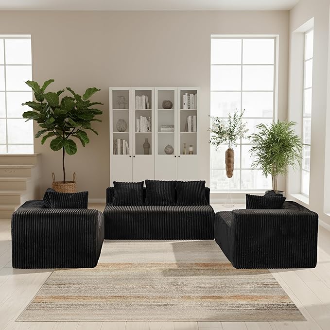 SEENYOO 130" Boneless Couch, Cloud Couch Sectional, Corduroy Sofa for Living Room, U Shaped Modular Sofa with Chaise, No Assembly, 4 Seats Oversized (Black)