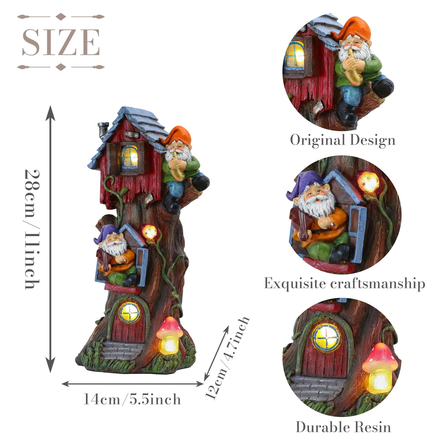 TERESA'S COLLECTIONS 11" Tall Large Garden Statues Gnome Treehouse with Solar Outdoor Light, Garden Sculptures Statues Figurines Resin Garden Decor Lawn Ornaments Patio Yard Decor Gifts for Mom
