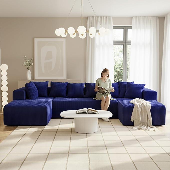SEENYOO 130" Boneless Couch, Cloud Couch Sectional, Corduroy Sofa for Living Room, U Shaped Modular Sofa with Chaise, No Assembly, 4 Seats Oversized (Blue)