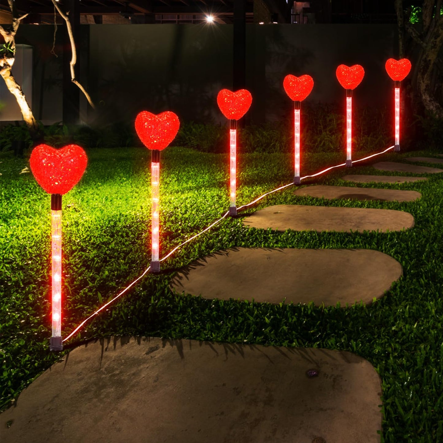 YUNVI 6 Pack Valentine's Day Pathway Lights,8 Modes LEDs Red Heart Stake Light with Timer Valentine Walkway String Lights Markers for Outdoor Backyard Patio Lawn Garden Party Decoration