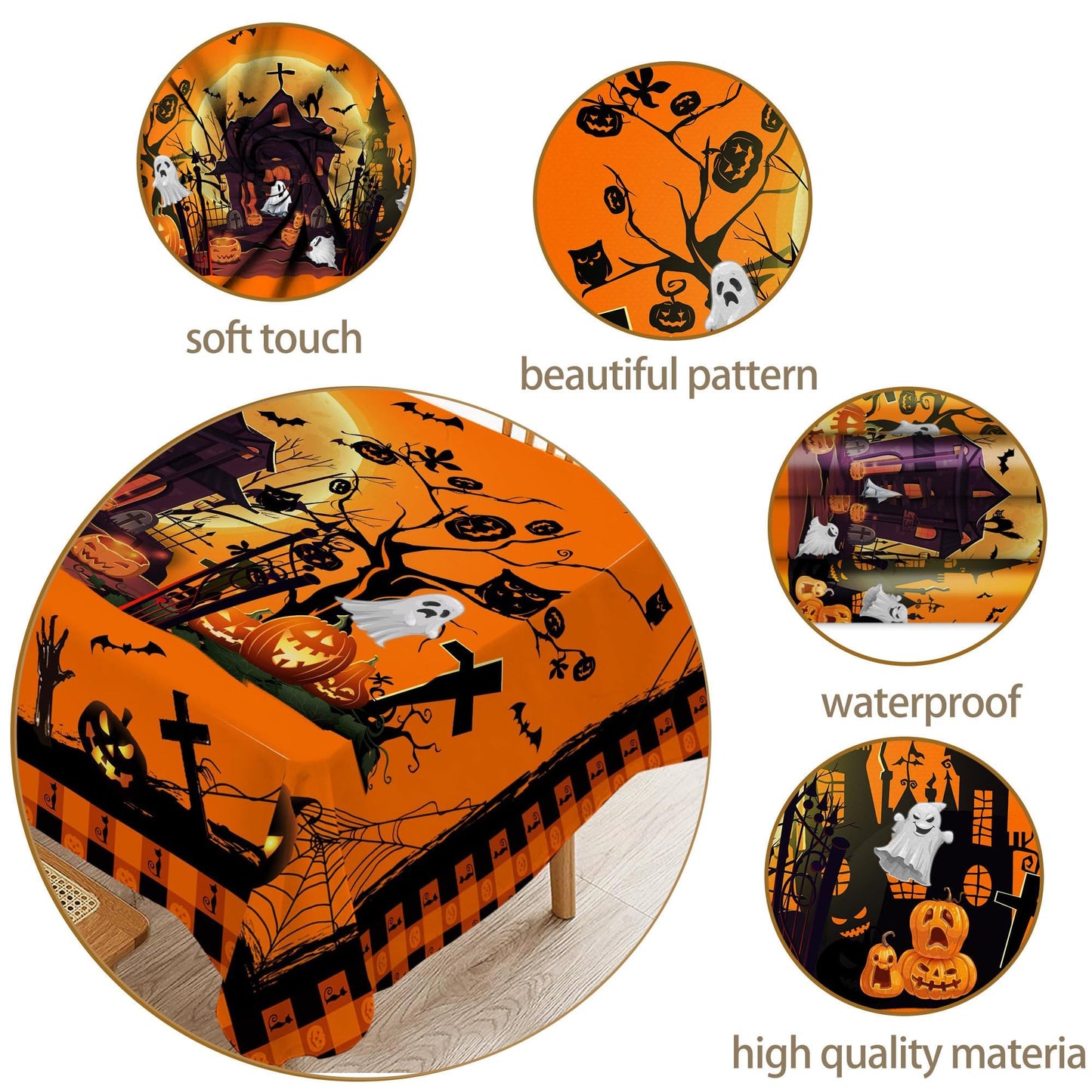 Hexagram Halloween Tablecloth 60 x 84 Inches Rectangle, Halloween Table Cloth Rectangular, Pumpkin Castle Ghost Tablecloths for Home Kitchen Dining Decor