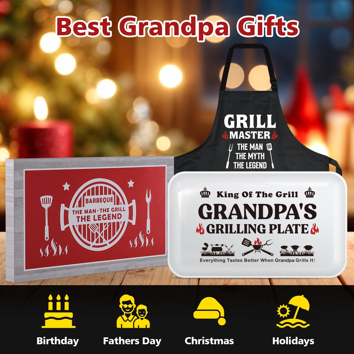 Grandpa Christmas Birthday Gifts,Best Grandpa Gifts from Grandkids,Great Grandfather Grandparents Thanksgiving Xmas Present from Granddaughter Grandson,Funny BBQ Grilling Platter with Apron Sets Gift