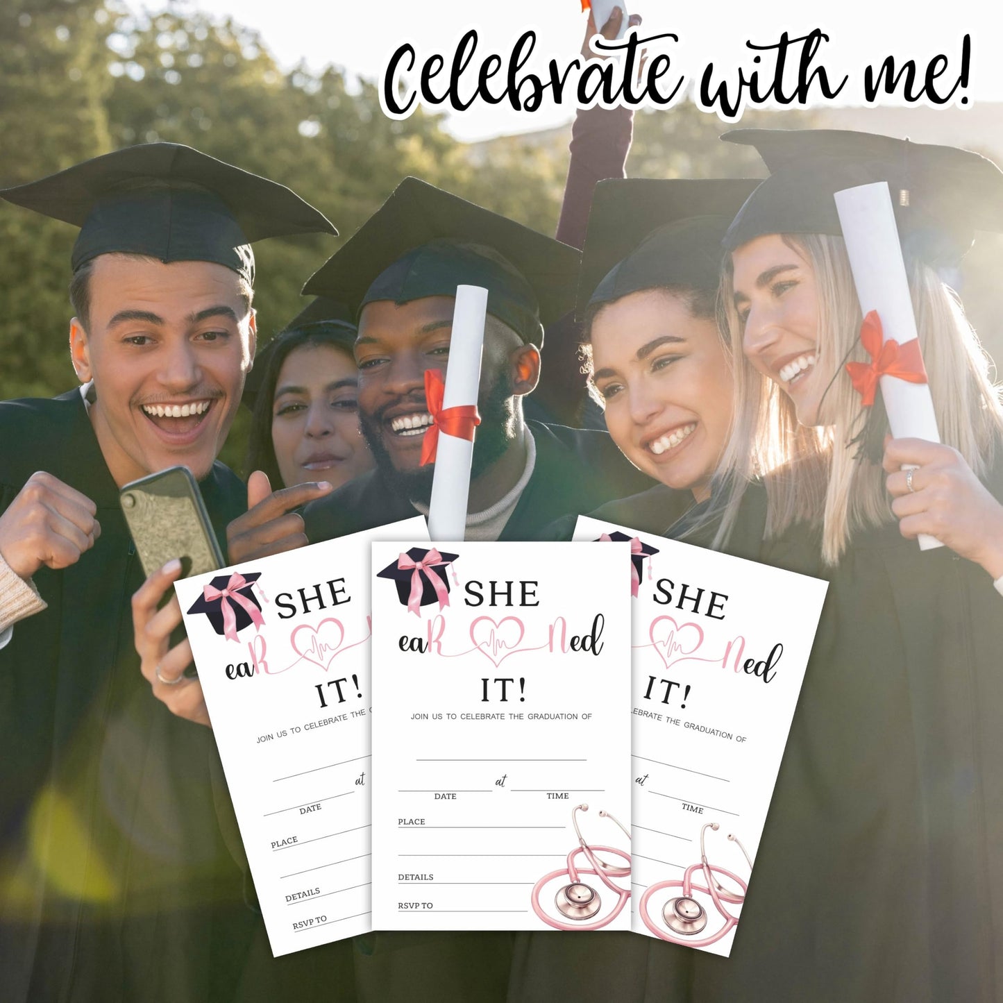 Nursing School Graduation Party Invitations - She Earned It - 20 Invites With Envelopes, Double-sided Fill In Invite Cards For College, High School, University Grad- Party Decorations & Supplies - A02