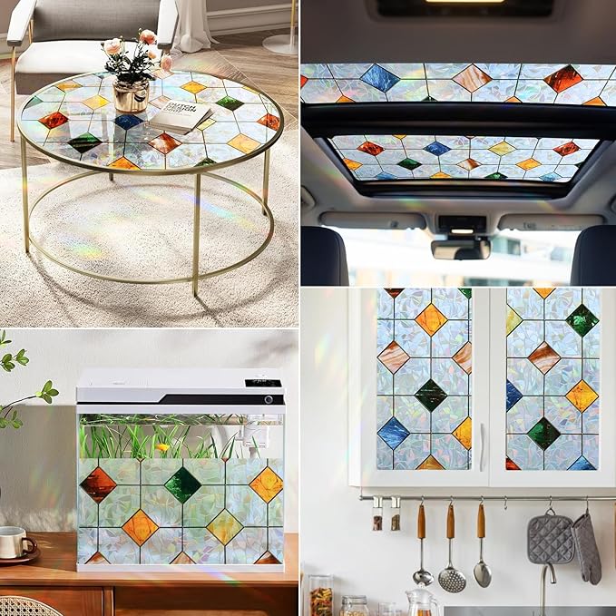 DKTIE Colorful Gem Lattice Pattern Decorative Window Privacy Film Rainbow Stained Glass Window Film Classroom Decor Renter Friendly Decor (S533, 35.4in X 118.1in)