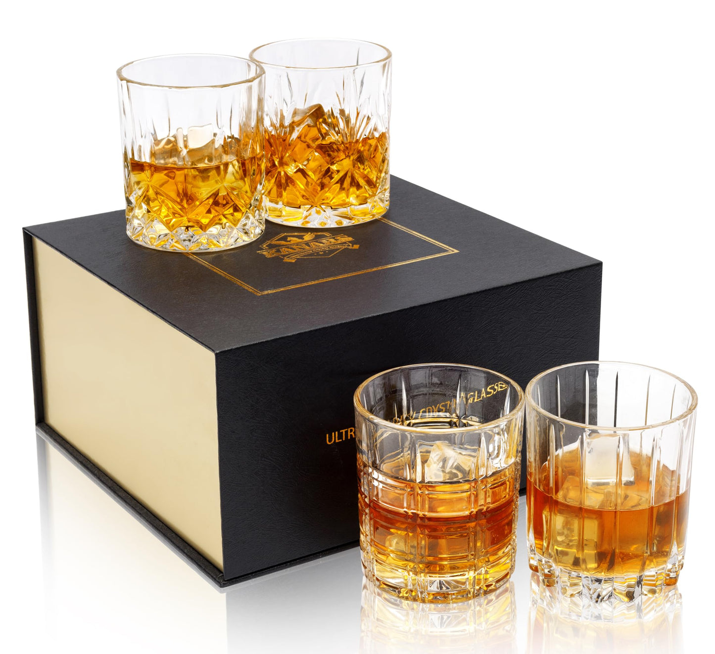 KANARS Whiskey Glasses Set of 4 - Multi Style Crystal Liquor Glasses 10 oz - Rocks Glass Barware For Scotch, Bourbon, Rum and Cocktail, Whisky Gifts for Men