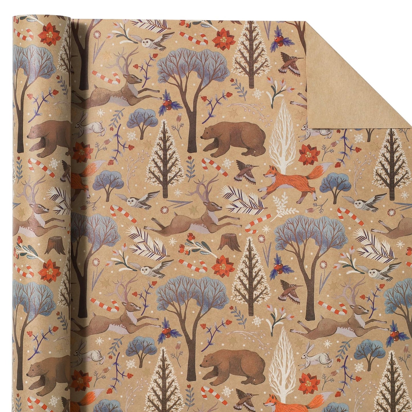 WRAPAHOLIC 30 Inch Jumbo Kraft Christmas Wrapping Paper - 30 Inch x 33 Feet - Christmas Animal Wrapping Paper and Tree Elements for Holiday, Party Celebration