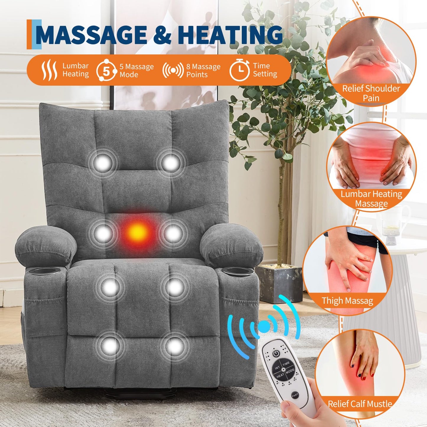 Power Lift Recliner Chair for Elderly - Electric Massage & Heat Recliner with 45° Assist Stand, Living Room Sofa for Small Space Furniture, Swivel Rocker with Cup Holders, Reclining Lounge for Adults