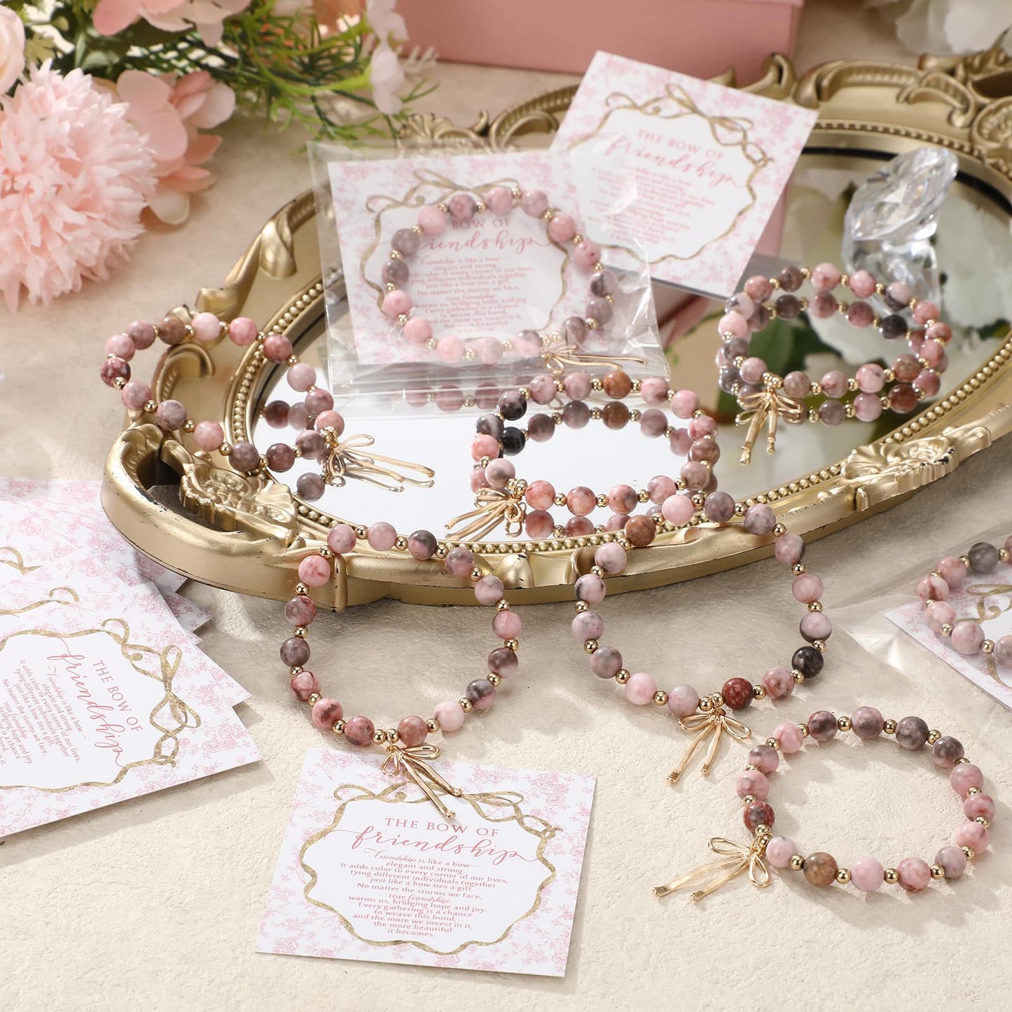 Huquary 12 Set Thanksgiving Friendship Gifts Good Friend Bow Pink Bracelets with Gift Cards Christmas Birthday Jewelry for Women Good Friend Coworker