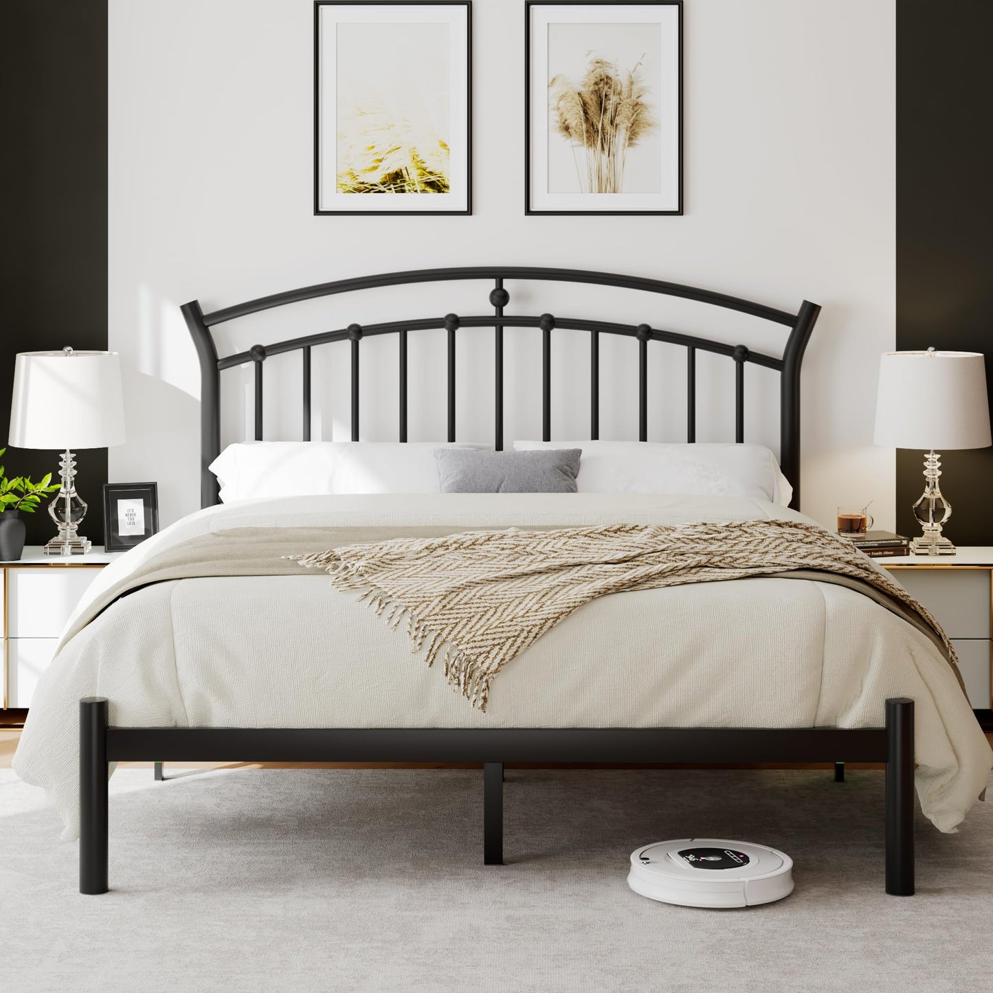 iPormis Queen Size Metal Platform Bed Frame with Modern Iron-Art Headboard/Heavy Duty Steel Slats Support/Under Bed Storage/No Box Spring Needed/Easy Assembly/Noise-Free/Black