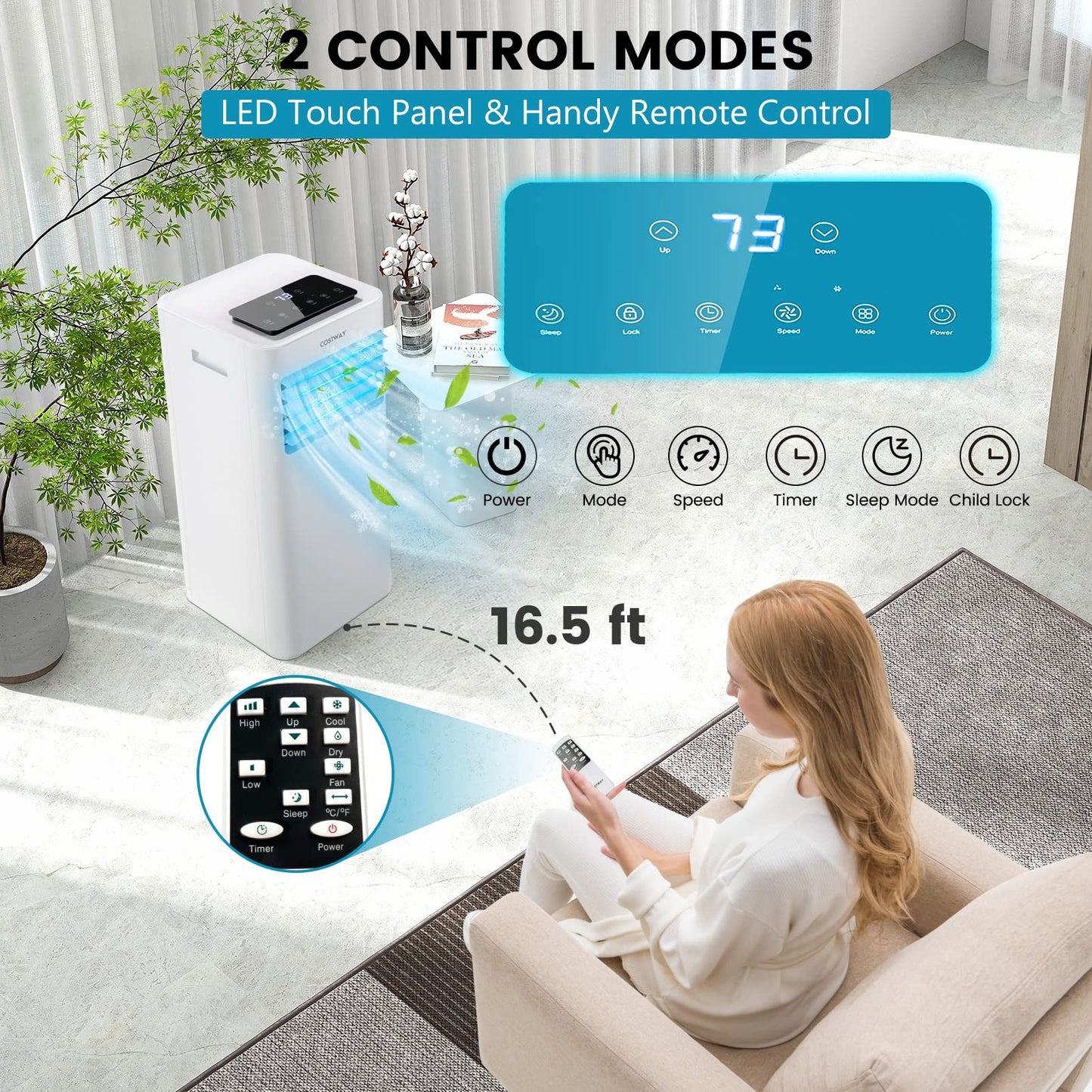 Costway 8000 Btu Portable Air Conditioner, 3 In 1 Ac Unit, Fan & Dehumidifier W/Sleep Mode, 24H Timer, Led Display, Child Lock,