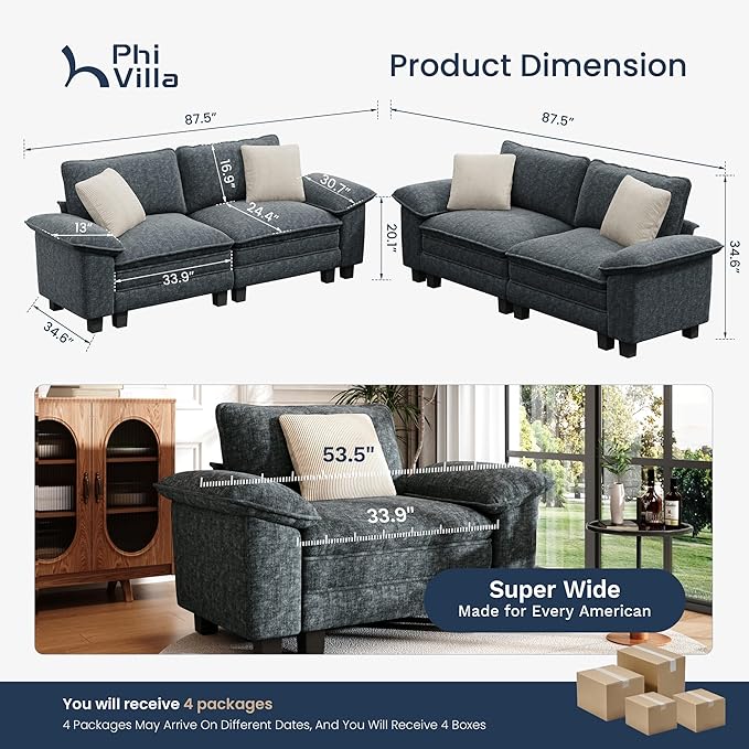 PHI VILLA Cloud Modular Couches Sets, 2 Pieces Sectional Loveseat Sofa Set, 4-Seater Comfy Couch for Living Room Apartment, Chenille Fabric, Dark Cyan