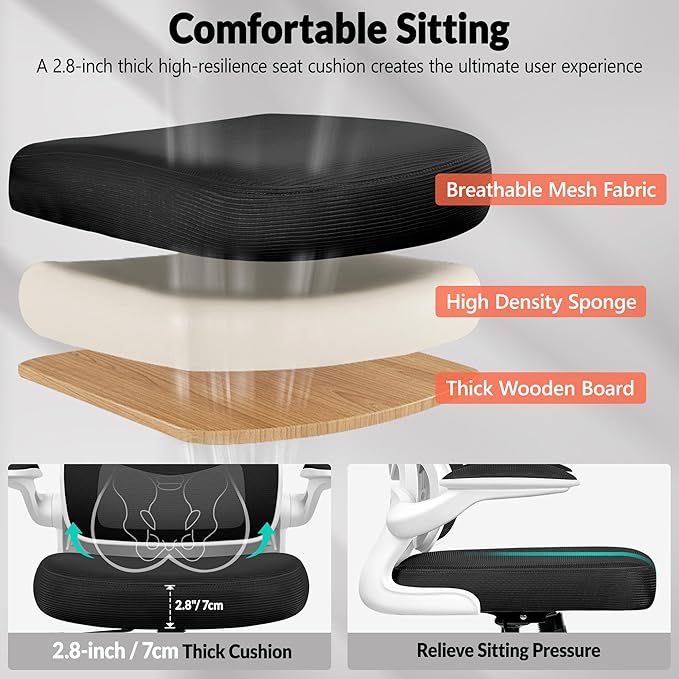 BESTFAIR Office Chair Ergonomic Desk Chair, Breathable Mesh Comfy Chair with Lumbar Support, Computer Chair, Home Desk Chair with Flip-up Armrests, Gaming Chair for Adults Home Office (White)