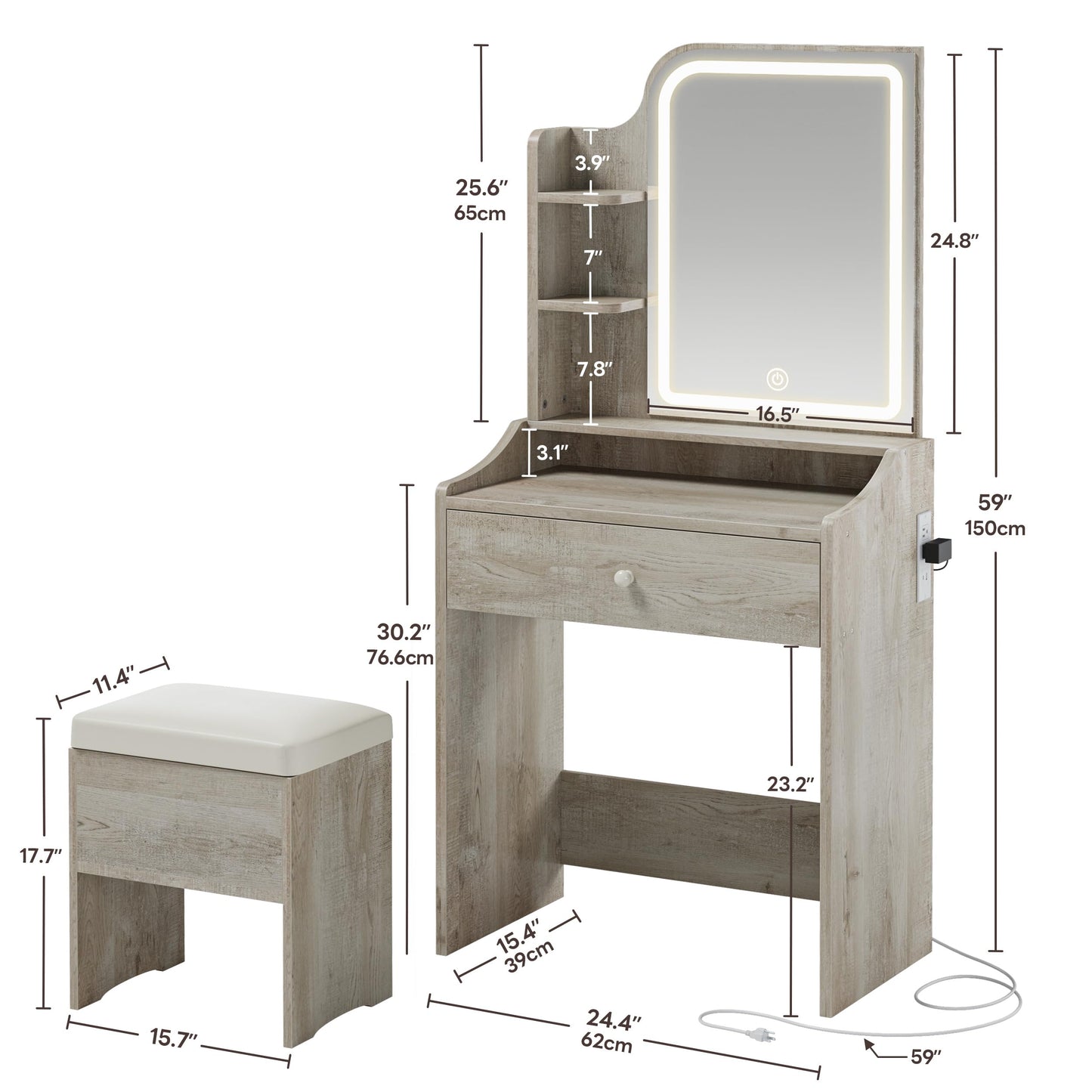 LIKIMIO Small Makeup Vanity Desk with Mirror and Lights, Vanity Table Set with Storage Drawer, Chair and Three Shelves, Bedroom, White Walnuts