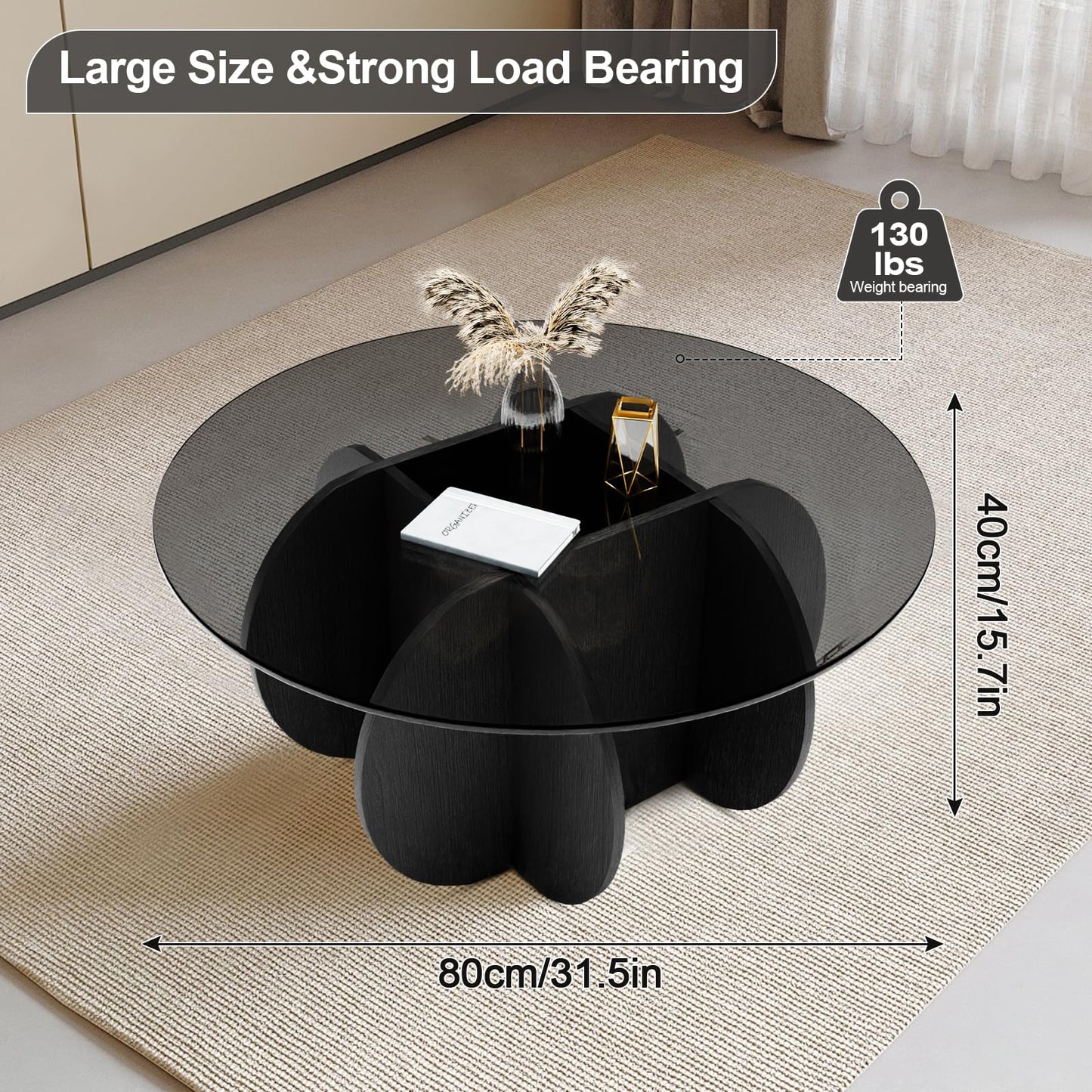 Coffee Table,31.5"Round Glass Coffee Table for Living Room Mid Century Modern Coffee Table Unique Circle Center Table with Wood Base Rustic Accent Center Cocktail Table for Home Small Space（black）