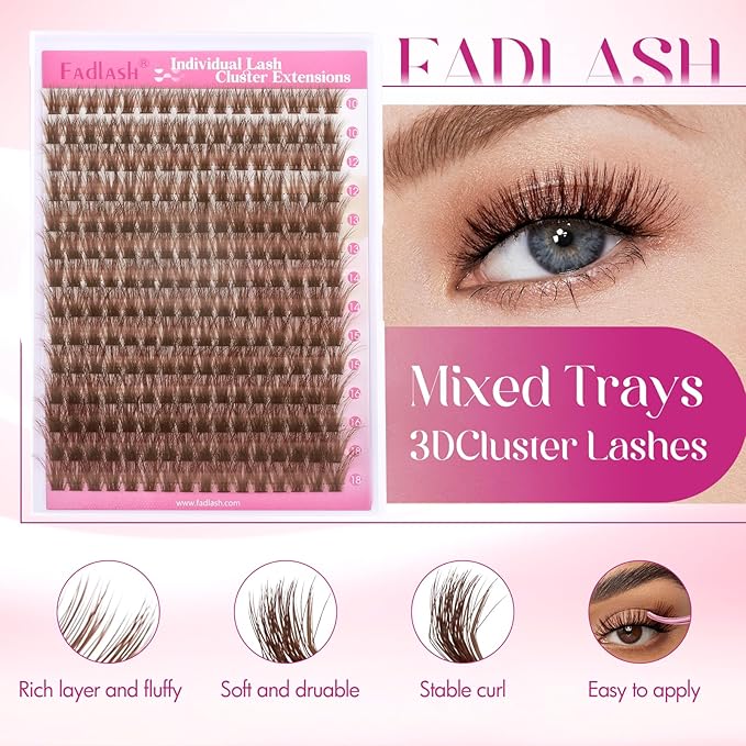 Brown Lash Clusters D Curl Individual Lashes 100D 10-18mm Cluster Eyelash Extensions Fluffy Mixed Tray 3D Effect Volume Soft DIY Lash Extension Kit at Home (100D-0.07-D,10-18mm)
