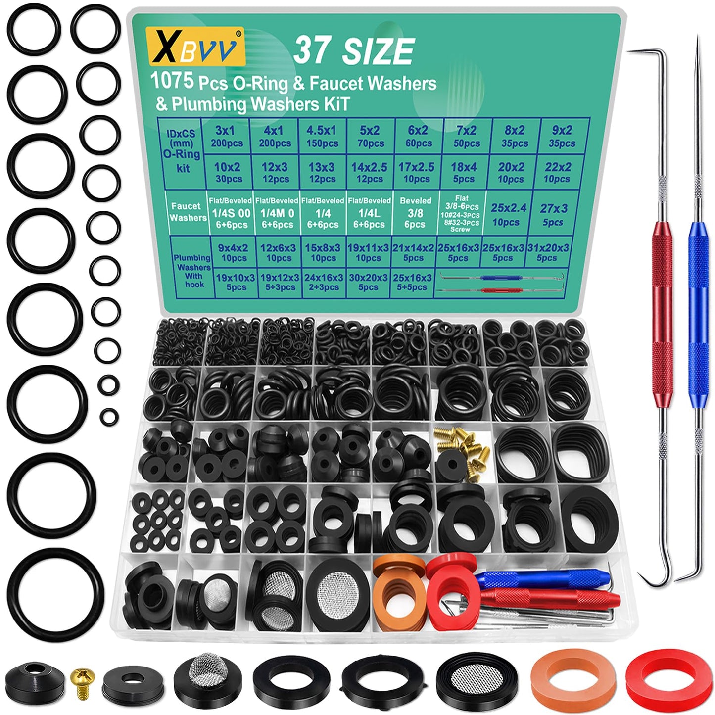 XBVV 37 Size 1075 Pcs Faucet Washers & O-Rings Kit & Plumbing Gasket 3-in-1 Home Universal Rubber Washers Assortment Kit for Faucet Hose Spigot Plumbing Seal Repair with Pick Hook