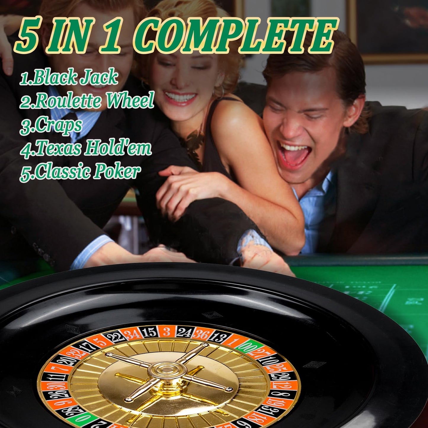 WodGod 5 in 1 Super Casino Game Set: Blackjack/Roulette/Craps/Texas Hold'em/Poker Kit with Shoe+Discard Tray+360 Chip+8 Deck Card+Roulette Wheel+2 Felt+Stratedgy Card+Chip Rake, Casino Poker Set