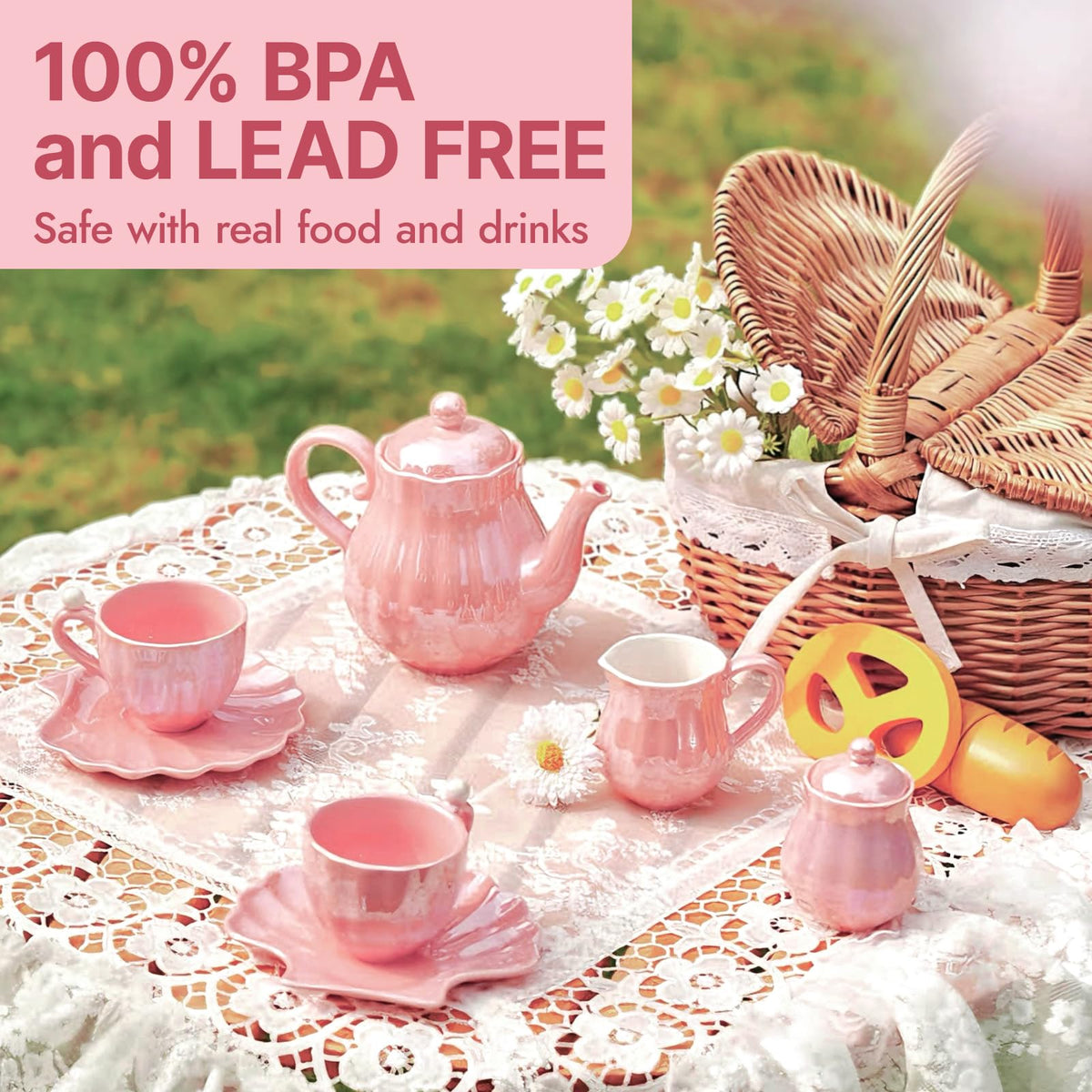 Giant bean Porcelain Tea Set, Pearl Pink Real Tea Party Set for Little Girls, British Royal Princess Series Teapot & Cup & Saucer & Sugar Bowl & Suitcase, for Little Kids Toddlers