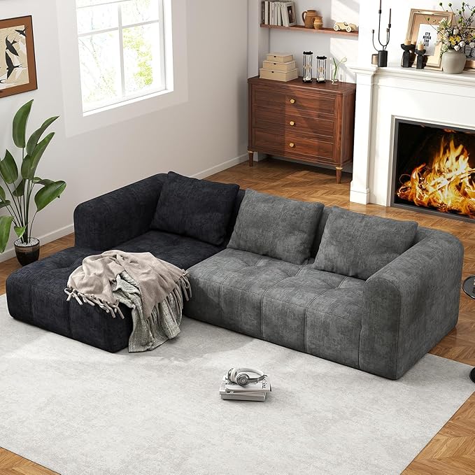 105" Modular Sectional Sofa, Boneless Couch for Living Room, Cloud Sectional Couch with Deep Seat, L-Shape Sofa, Upholstered Couches for Living Room Bedroom, No Assembly Required, Black (Slub Fabric)