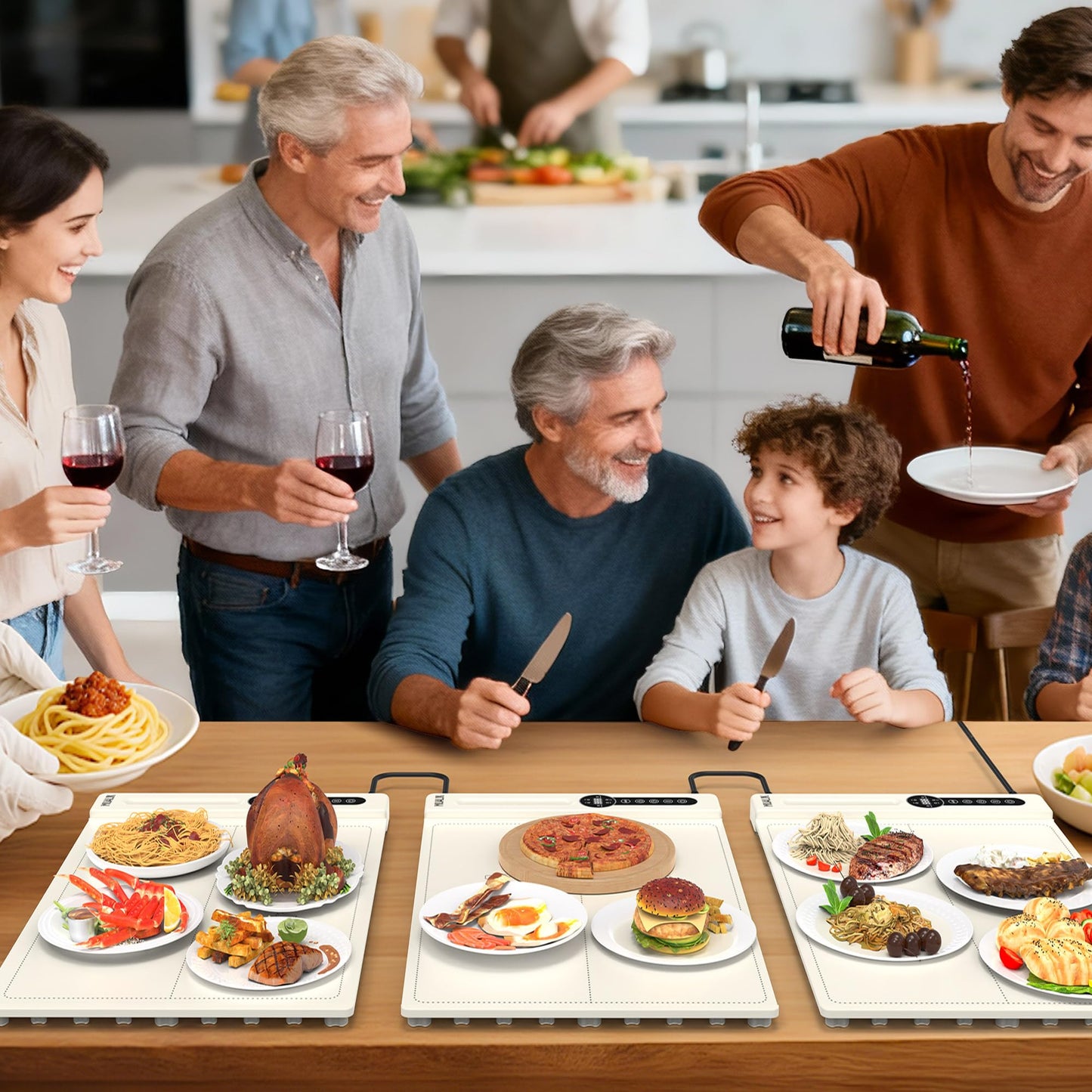 MUALIK Warming Mat for Food, Roll-UP Fast Heating Silicone with 6 Level Temperature, 2 Zone and 3 Pad Parallel Expansion, Automatic On-Off Timer Setting