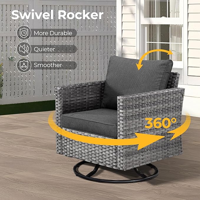 HOOOWOOO 8 Piece Patio Sectional Furniture Set with Swivel Rocking Chairs,Modern Wicker Outdoor Conversation Sofa Sets,Weather Resistant Modular L Shaped Outside Couch Set(Black)