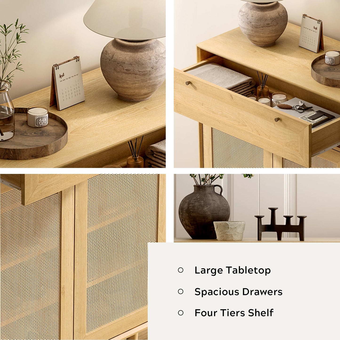 MoomJiee Farmhouse Rattan Shoe Cabinet Boho Shoe Storage Cabinet with 2 Doors Large Wooden Freestanding Shoe Rack Organizer with 4-Tier for Hallway, Entryway, Living Room, Natural Oak