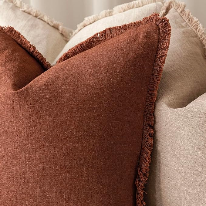 Foindtower Set of 2 Decorative Linen Fringe Throw Pillow Covers Farmhouse Cushion Cover with Tassels Soft Accent Pillowcase for Couch Chair Sofa Bed Living Room Home Decor,20×20 Inch,Fall Rust Orange