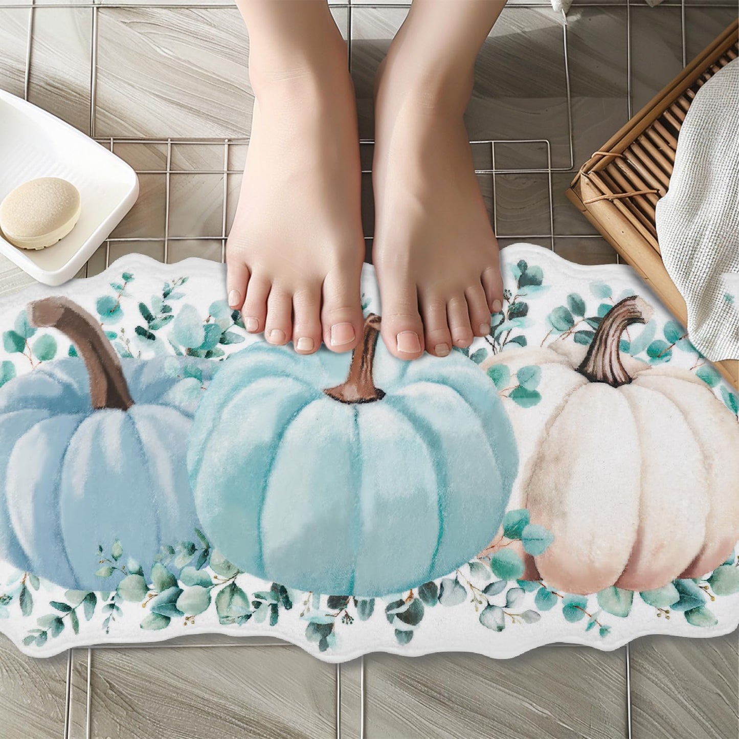 ysnifeiw Fall Thanksgiving Bathroom Rugs Blue Pumpkin Bath Mat, Non-Slip Farmhouse Autumn Harvest Bathroom Doormat Bath Rugs for Fall Thanksgiving Home Decorations