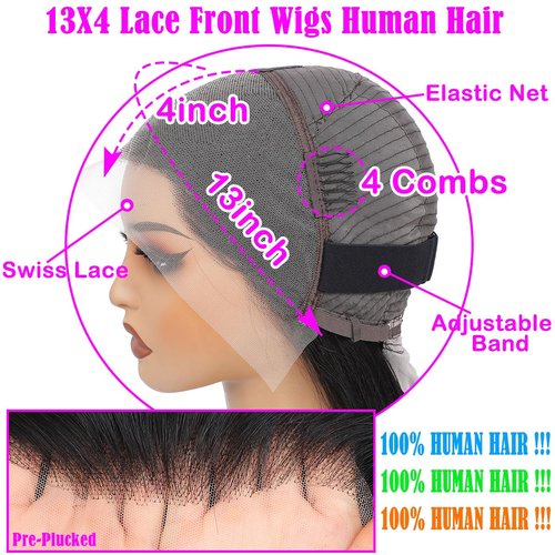 Usweety 26inch Lace Front Wigs Human Hair 13x4 HD Lace Front Wigs Human Hair Pre plucked 180% Density Frontal glueless wigs human hair for women (1B# 180% Density, Straight 26inch)